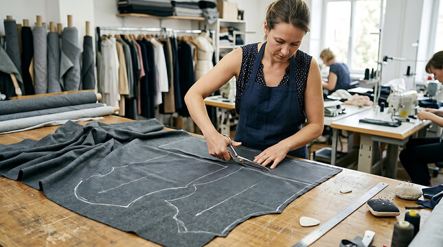 Women working on fashion designing or tailoring project in a busy sewing atelier with fabrics and sewing tools for creative