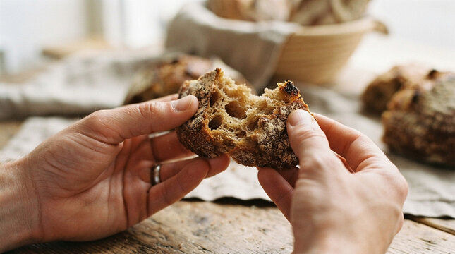Person holding a piece of rustic sourdough bread with a porous crumb texture