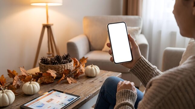 Cozy Autumn Living Room Scene with Person Using Smartphone and Tablet.