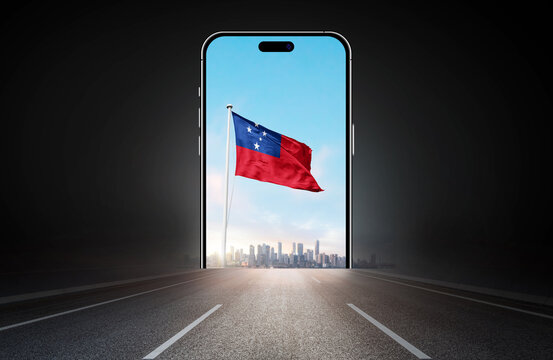 Samoa national flag on phone screen over highway to city. Samoa flag for Republic Day and Independence Day.
