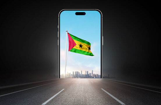 Sao Tome and Principe national flag on phone screen over highway to city. Sao Tome and Principe flag for Republic Day and Independence Day.