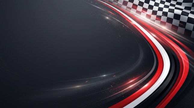 Dynamic minimalist racing sports background featuring a checkered flag pattern accented with smooth red and white light streaks, set against a dark carbon fiber textured background with subtle dust pa