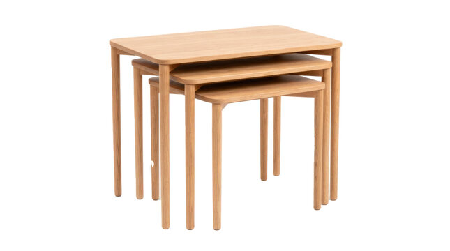Nesting table set designed as one coordinated furniture unit, graduated tabletops, slim matching legs, compact overlapping form, and modern minimalist styling. Photorealistic, front 3/4 view,