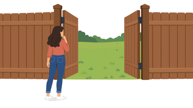 Hesitant young woman standing before wide open wooden gate in tall brown fence looking into lush green unfamiliar field symbolizing new opportunity choice and courage to explore unknown future
