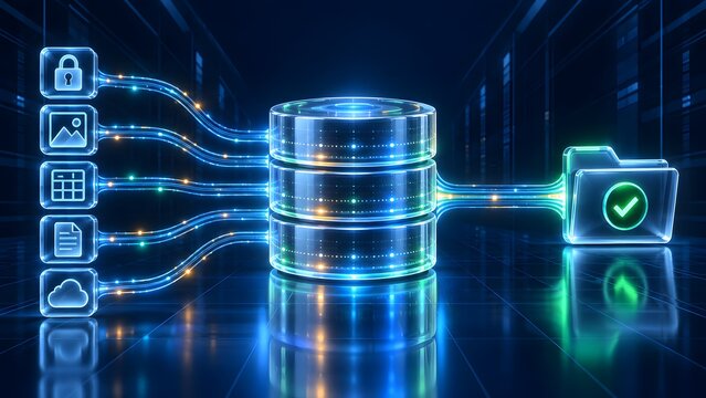 Digital data flow from various icons to central database and organized folder with checkmark representing information management and storage in a server room.