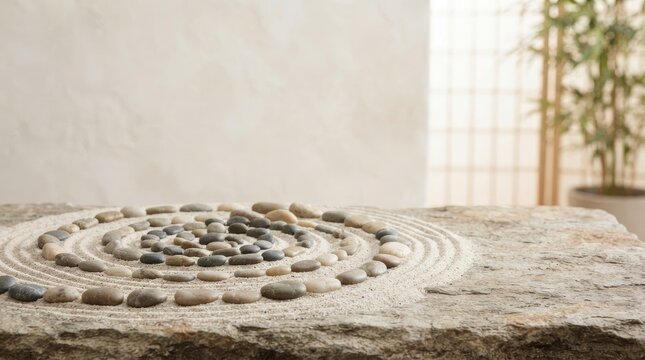 A person creates a zen garden with stones on a weathered stone table. The garden features a circular pattern of smooth, gray stones arranged in a meditative design.