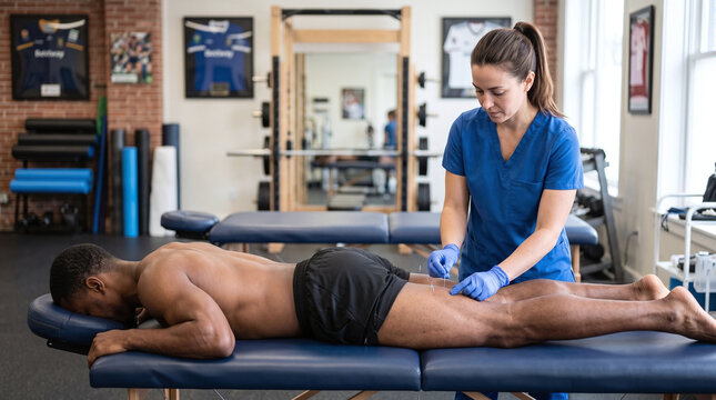 Physiotherapist applying dry needling to athlete hamstring in sports clinic