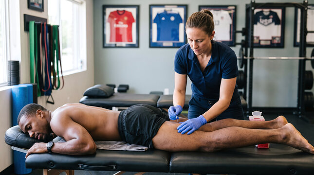 Sports physiotherapist performing dry needling therapy on an athlete hamstring