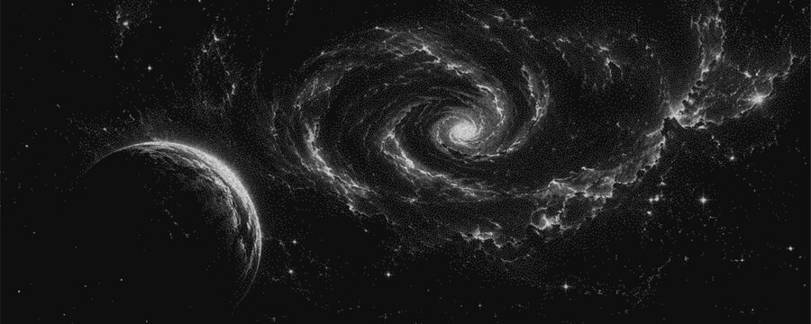 Cosmic vortex with bright galactic center, sweeping nebula trails and a dark crescent planet. Sandy stipple texture, monochrome astronomy background. Vector illustration