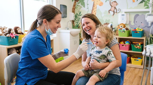 Pediatric dentist applying fluoride varnish to happy toddler boy on mothers lap