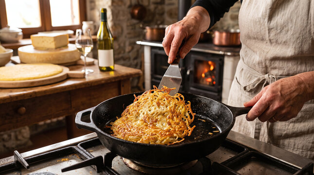 Cooking traditional Italian crispy potato and cheese frico in a rustic pan