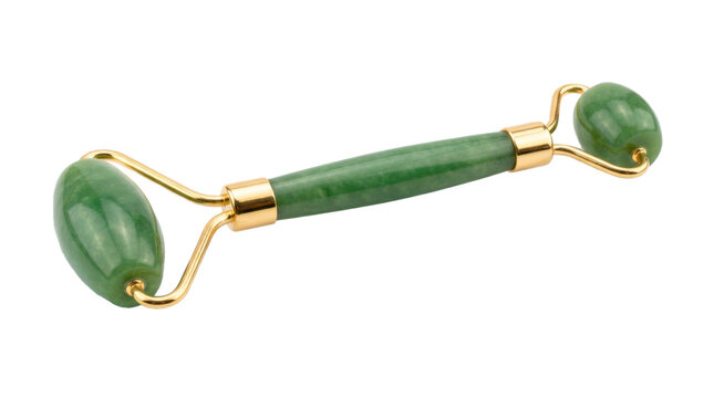 Polished green jade facial roller with a dual-ended design, featuring a large cooling stone on one end and a smaller one on the other, held by gold-tone metal. Photorealistic, top 3/4 view, horizontal