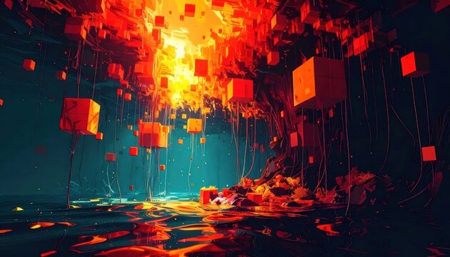 Exploding 3D orange cubes in dark geometric digital space.
