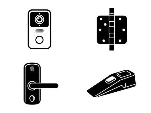 Set of four vector icons representing home security hardware including a video doorbell, door hinge, smart lock, and door wedge