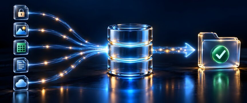 Digital data processing and organization concept files flowing into a central database and then into a verified folder with glowing lines and icons.