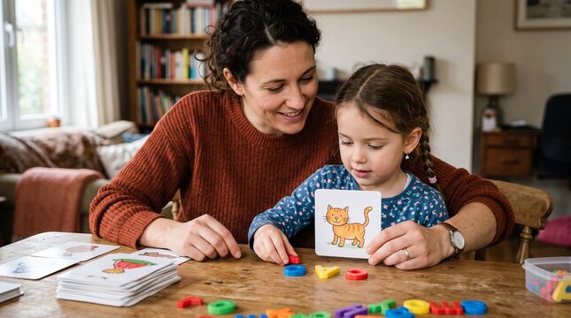Mother and daughter learning together with flashcards and alphabet blocks at home