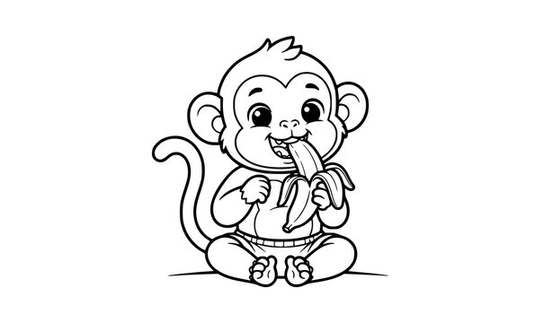 Cute little monkey sitting on ground eating banana, vector illustration of animal eating fruit