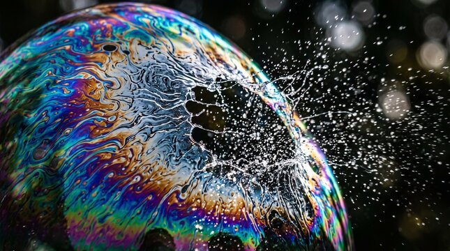 Close-up of a colorful soap bubble popping with water droplets splashing outward against a dark background