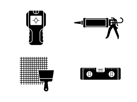Home repair accessory icon set featuring a stud finder, caulking gun, wall mesh with putty knife, and a spirit level tool