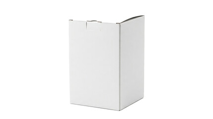 Fototapeta premium Cake box with clean white cardboard construction, tall square form, folding lid, smooth panels, and a neat bakery-packaging appearance. Photorealistic studio product photography, 3/4 front view,
