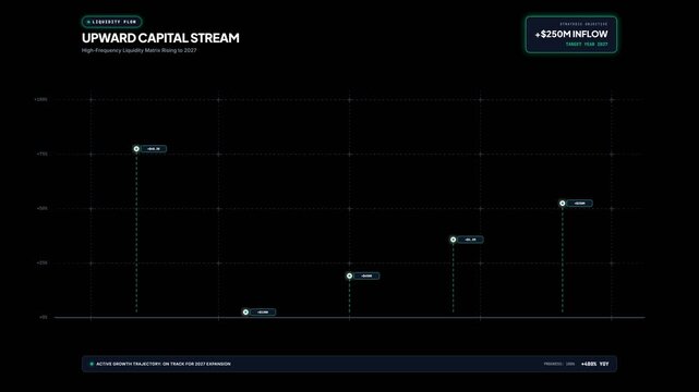 Digital data visualization interface displaying financial growth statistics on black background