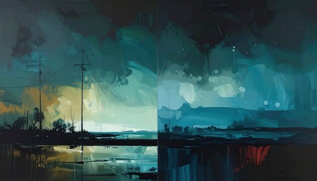Expressive abstract landscape painting of moody shoreline.
