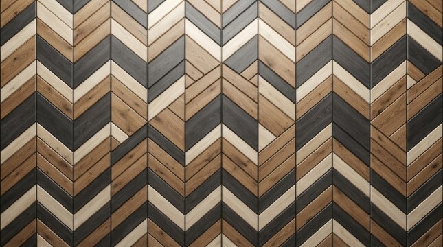 Geometric chevron pattern made of interlocking wooden planks in varying shades of natural light wood, medium brown, and dark charcoal gray