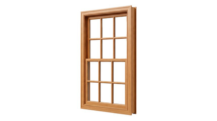 Fototapeta premium Wooden window frame with clean traditional muntins, smooth finished grain and balanced architectural proportions, photorealistic, front 3/4 view, vertical orientation, ultra-high-resolution 8K product