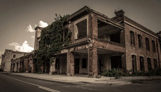 Exterior view of a derelict brick building under clouds.