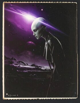 Extraterrestrial figure watching a cosmic event in space.