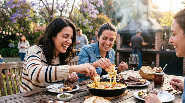 Happy friends enjoying melted provoleta cheese at an outdoor garden asado