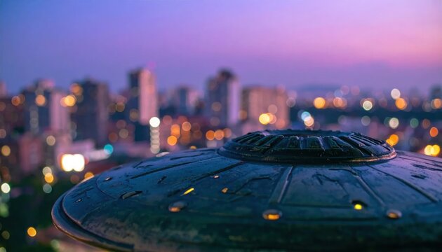 Extraterrestrial saucer hovering above illuminated city skyline.