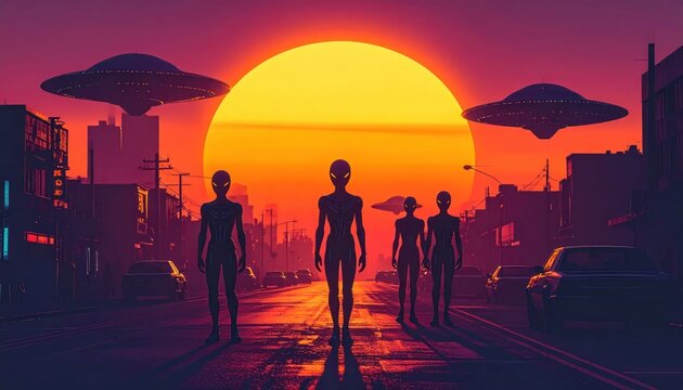 Extraterrestrials walking on street during sunset UFO invasion.