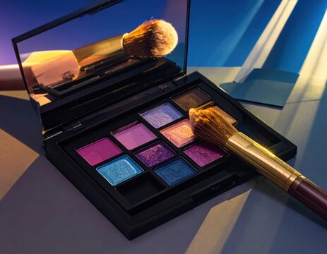 Eyeshadow palette with makeup brushes and vanity mirror.