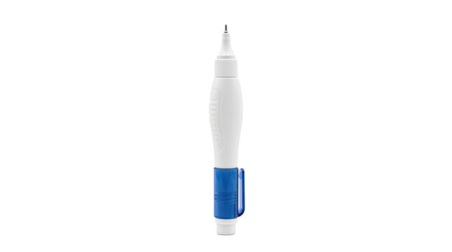 Correction pen, single correction pen with slim squeeze body, precision applicator tip and clean office-supply design, photorealistic, front 3/4 view, vertical orientation, ultra-high-resolution 8K
