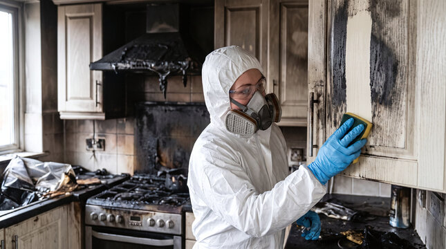 Worker in protective suit cleaning smoke and soot damage from kitchen cabinet