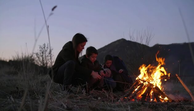 Family gathering around a campfire in the field.