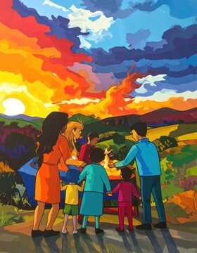Family gathering by campfire in colorful stylized landscape.