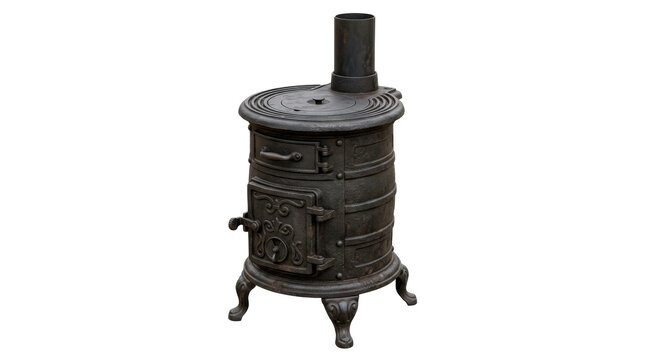 Cast-iron potbelly stove with compact cylindrical body, dark matte metal surface, small firebox door, short legs, and traditional rustic heating design. Photorealistic, front 3/4 view, vertical