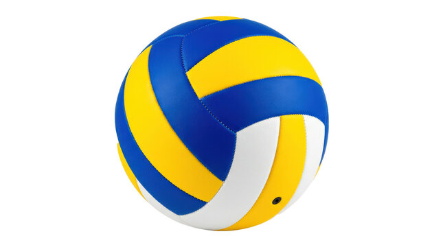 Synthetic leather indoor volleyball featuring a bright tri-color paneled design, a soft microfiber composite surface, and perfect spherical inflation. Photorealistic, front 3/4 view, square