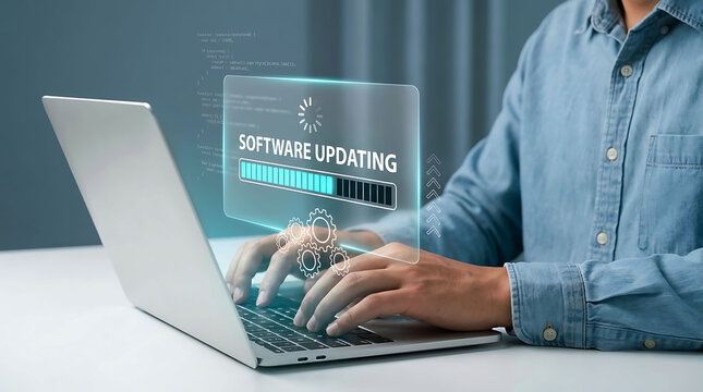 Person typing on a laptop with a digital software updating hologram interface