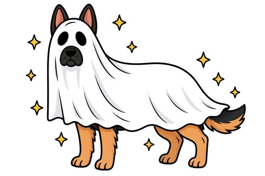 Cute cartoon German Shepherd dog dressed as a ghost for Halloween, wearing a white sheet with eyeholes, surrounded by sparkling stars and bat silhouettes, whimsical and spooky.