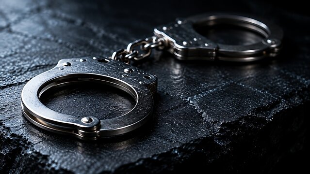 Shiny metal handcuffs lay on a dark, textured stone surface with dramatic lighting, evoking themes of justice, crime, and security.