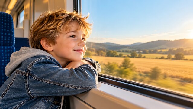 Happy young boy looking out of train window during travel at sunset enjoying golden landscape view with hills and fields in background while resting on hands.