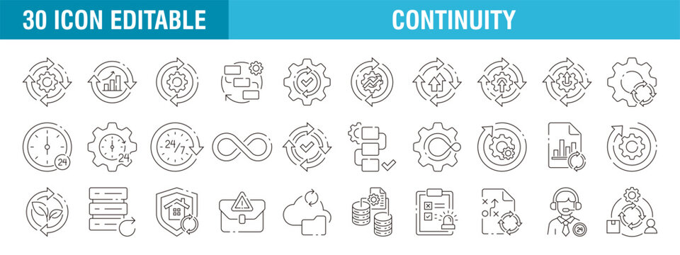 Collection of continuity icons. Risk management, backup, strategy, planning, disaster recovery. Vector template editable stroke EPS 10.