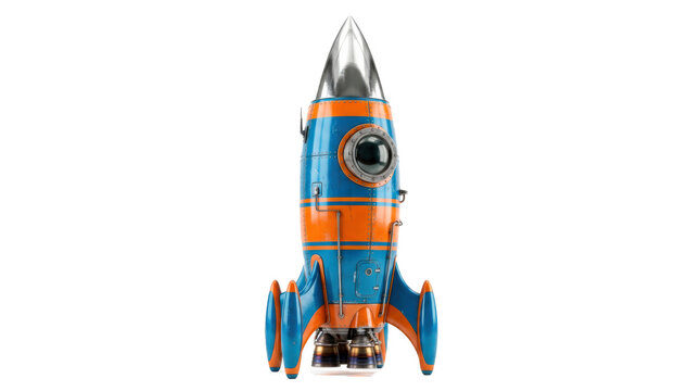 Retro rocket ship with blue and orange painted body, polished silver nose cone, round viewing window, stylized fins, and nostalgic space-age design. Photorealistic, front 3/4 view, vertical
