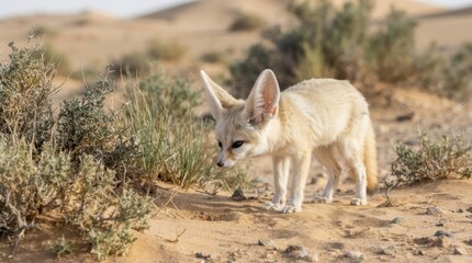 Obraz premium A fennec fox standing in the sandy desert landscape with sparse vegetation under bright light