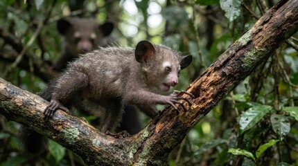 Obraz premium Rare aye-aye lemur climbing on a mossy tree branch in the lush tropical rainforest of Madagascar