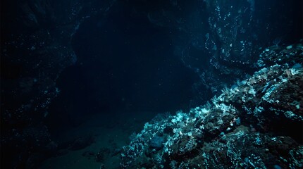Fototapeta premium Deep Underwater Dark Seascape with Glowing Coral Reef.