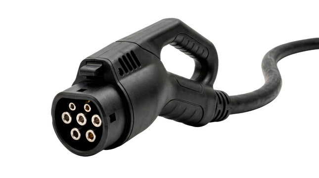 Electric vehicle charging plug with a heavy insulated black cable, a thick ergonomic handle, and exposed metal connector pins. Photorealistic, front 3/4 view, horizontal orientation,